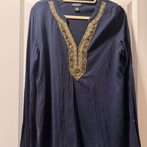 Lucky Brand Navy Blue Top with Gold Embroidery